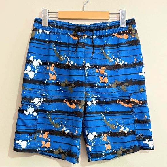 Blue & Orange Paint Splatter Striped Kids Swim Trunks w Mesh Lining - Picture 2 of 12